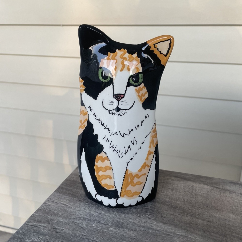 Vtg. Hand Painted 8"  Tabby Cat "Cats By Nina" Lyman Vase Planter Decor